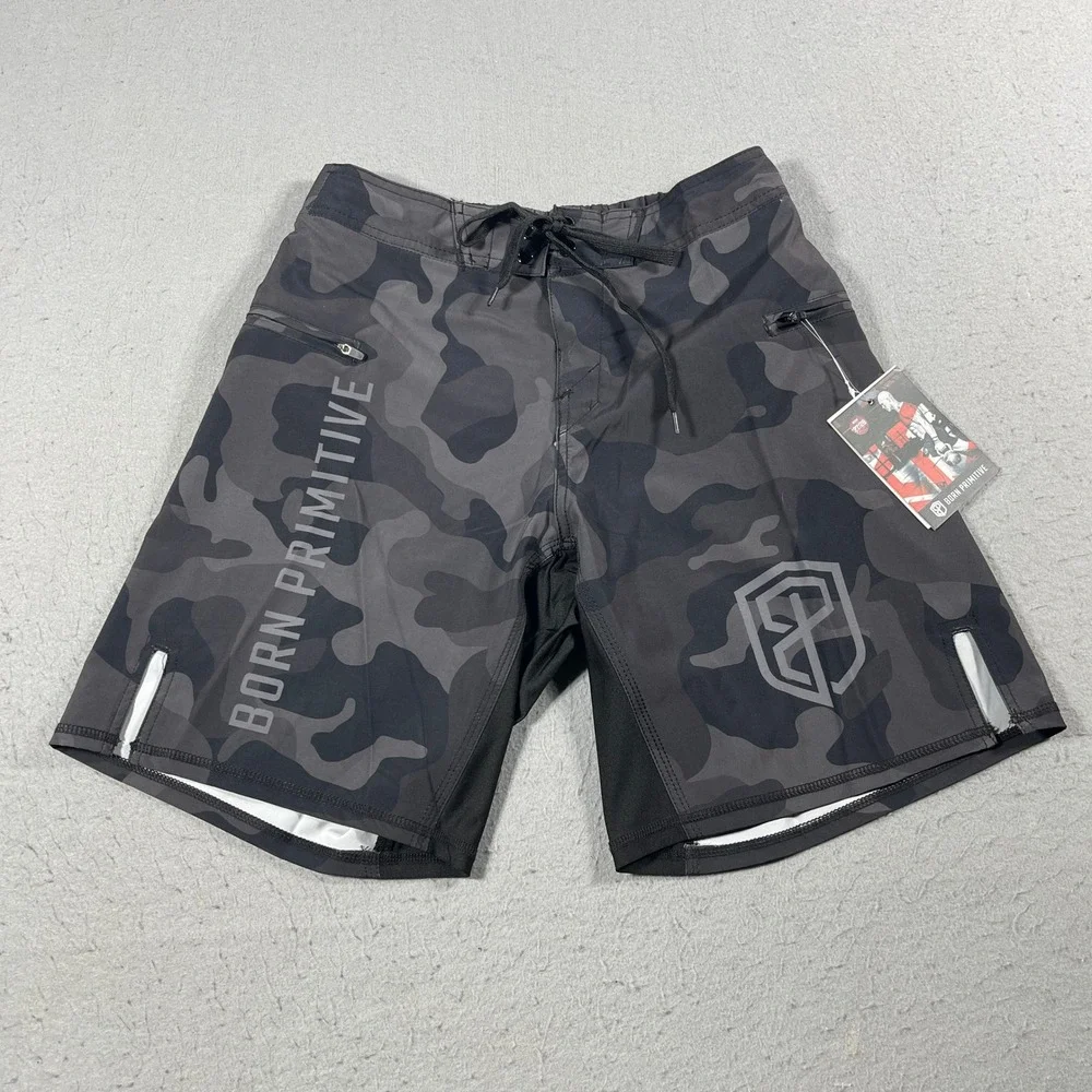 Born Primitive Training Shorts Men 27/28 Black Camo‎ Performance Stretch Zip